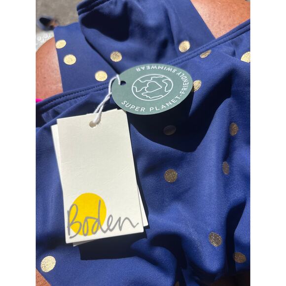 Mini Boden Cross-back Printed Swimsuit in Navy with Gold Foil Confetti Dot - Picture 3 of 9